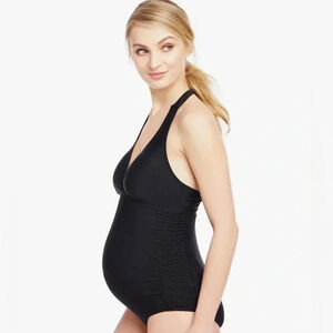New Motherhood Maternity Women's Beach Bump One Piece Black Halter Swimsuit
